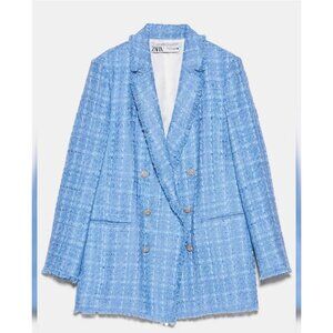 NWT ZARA Sky Blue Tweed Jacket Blazer Boucle Crystal Buttons MEDIUM Fringe NEW